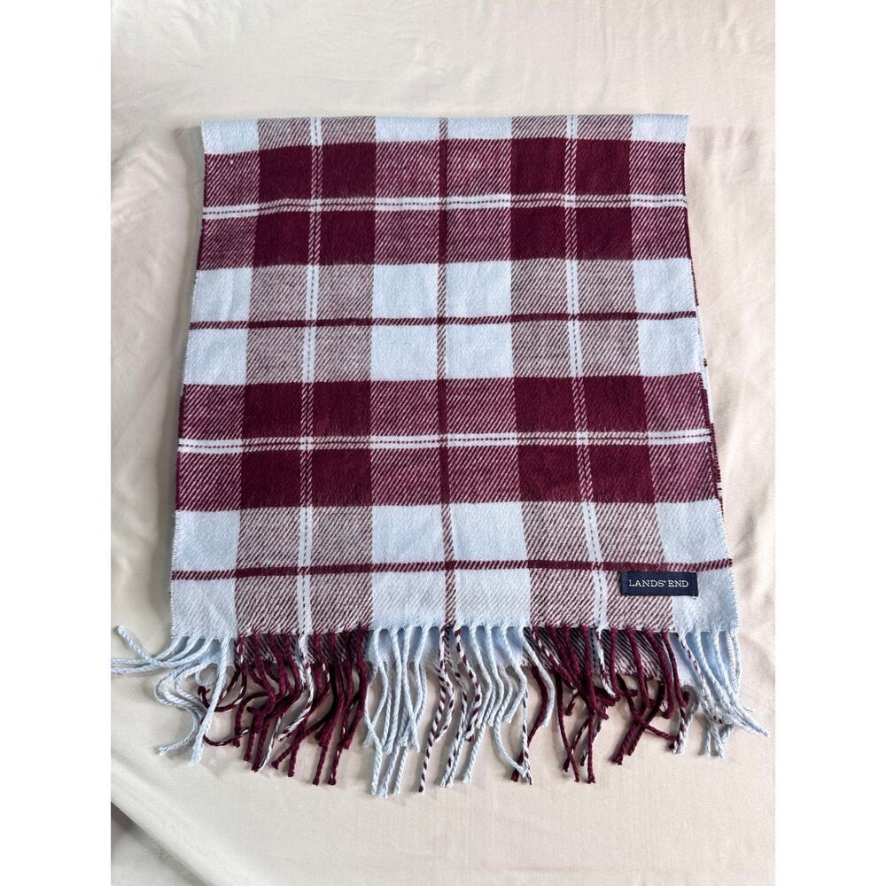 Lands’ End CashTouch Plaid Scarf Burgundy Light Blue Fringe Soft Winter Unisex